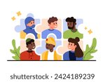 Diversity in recruitment, employment. Multicultural and multinational talent employees inside group of connected puzzles, team building from people of different ethnicity cartoon vector illustration