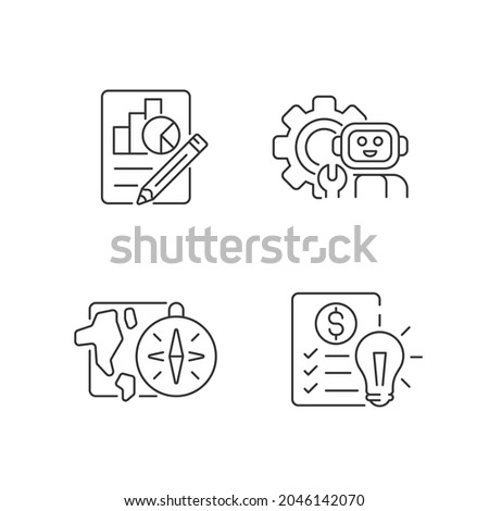 Diversity of school subjects linear icons set. Economics report. Financial literacy education. Customizable thin line contour symbols. Isolated vector outline illustrations. Editable stroke