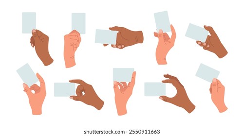 Diversity set with black and white hands holding blank card. Cartoon flat vector illustration isolated on white