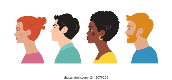 Diversity set of international heads, busts of men and women. Asian, black, European. Vector flat illustration