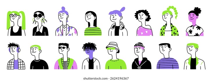 Conjunto de diversidade de jovens. Homem e mulher, internacional, formas diferentes. Avatar. Ilustração isolada de doodle linear de vetor