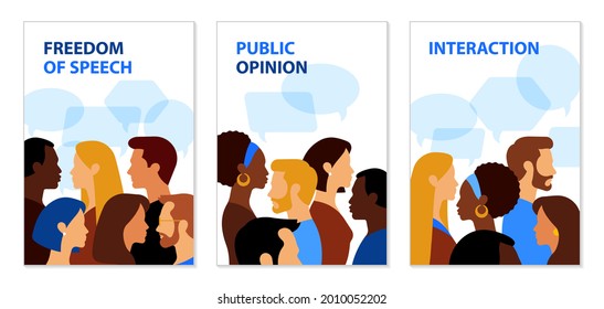 Diversity, society, communication. Posters with people different ethnicity, culture, skin, gender. Multi-ethnic group of people. Modern Illustration on social theme for poster, card, cover.