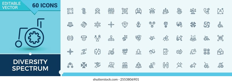 Diversity Spectrum icon set. Related to organizati, digital, support, scene, 3d illustration, afro and more. Thin UI icon design. Editable vector stroke.