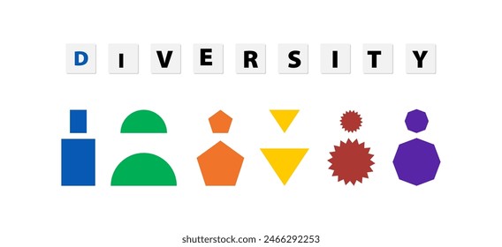 DIVERSITY escrito con bloques de letras individuales. Formas geométricas coloridas incluyendo cuadrados, círculos, triángulos, pentágonos y otros polígonos en varios colores.