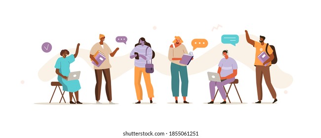 Diversity Students Holding Books, Gadgets and Studying Together. Girls and Boys Talking and Chatting. Education and Knowledge Concept with Characters. Flat Cartoon Vector Illustration.