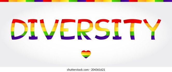 Diversity stylized word with rainbow and one heart. Diversity word