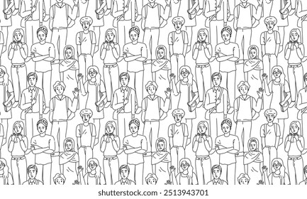 Diversity teen crowd background in outline doodle cartoon style.