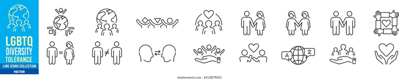 Diversity, Tolerance, LGBTQ, Equality, Belonging editable stroke icon set collection illustration Vector 