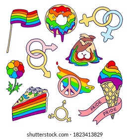 Diversity tolerance sticker set on white isolated backdrop. LGBTQ symbols for invitation or gift card, notebook, bath tile, scrapbook. Phone case or cloth print. Doodle style stock vector illustration