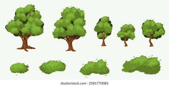 Diversity of trees set on white. Cartoon trees. Different types of forest plants. Coniferous and deciduous. Summer pine. High oak. Low wood.