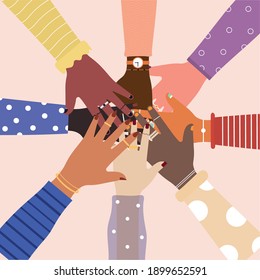 diversity of united hands in the center vector illustration design
