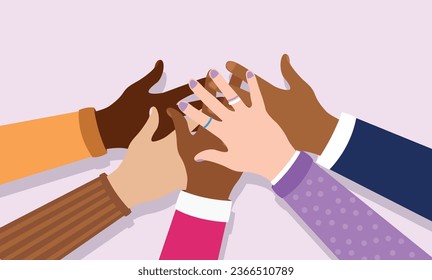 Diversity and unity hands - Vector illustration of various hands from people with different ethnicities coming together in all for one. Flat design