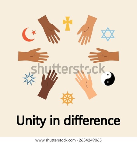 Diversity and unity, showing hands of different colors and religious symbols. Ideal for social campaigns, posters, and equality topics. Vector illustration. EPS10