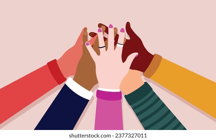 Diversity unity - Vector illustration in flat design with hands of various race and colour coming together. International friendship and multi ethnic teamwork concept