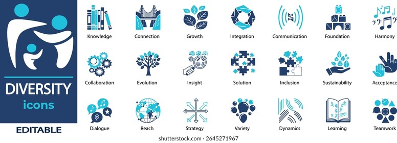 Diversity vector icon set. Containing Knowledge, Connection, Growth, Integration, Communication, Foundation, Harmony and more. Solid vector icons collection.