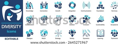 Diversity vector icon set. Containing Knowledge, Connection, Growth, Integration, Communication, Foundation, Harmony and more. Solid vector icons collection.