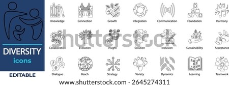 DIVERSITY Vector Line Icons. Containing Knowledge, Connection, Growth, Integration, Communication, Foundation, Harmony and more.  Solid Vector Line Icons collection.