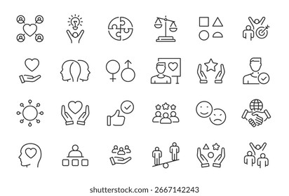 Iconos web de diversidad en estilo de línea. Unidad, amistad, social, comunidad, colección. Ilustración vectorial.