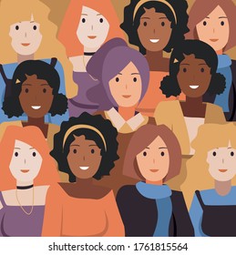 Diversity woman character. Female diverse faces of different ethnicity. International women´s day graphic in vector. Diversity woman pattern