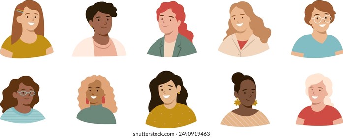 Diversity woman portrait illustration set. Smiling girl avatar collection. Isolated flat design. Various headshots.