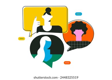 Diversity woman talking together. Different girls with speech bubbles. Expressing opinion, discussion, communication concept. Teamwork, connection, friendship. Colorful flat vector illustration