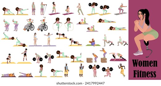 Diversity women doing full body workout. Inclusive workout for people with disabilities. Sport, wellness, workout, fitness. Flat vector illustration