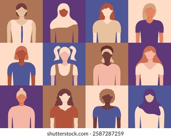 Diversity Women face avatars set. Female characters in faceless style. Colorful portraits. Group of different Girls in square shape make seamless pattern. Geometric mosaic trendy endless illustration