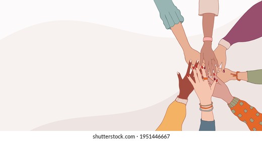 Diversity women. Group hands on top of each other of diverse multi-ethnic and multicultural women. Female social network community. Cooperation.Diverse culture.Racial equality. Friendship