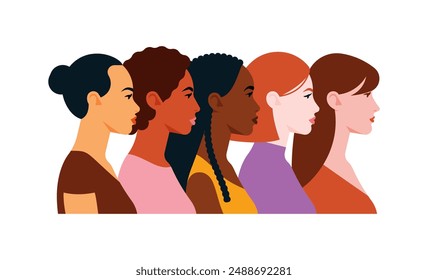Diversity women - group of pretty girls different skin tones, hairstyles, nationality and culture. Latin, black woman, caucasian, south and northern European persons. Simple and quite illustration.