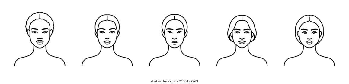 Diversity women, line icons. Beautiful girls different cultures - Black woman, African-american, Caucasian, Asian, Latino ethnicity. Female faces, front view, neck and shoulders, minimalist portrait