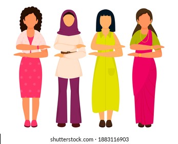 Diversity Women Making Equality Arm Gesture Of Each For Equal Symbol On White Background.