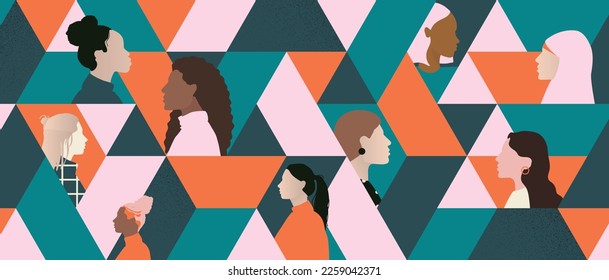 Diversität Frauen Profil Silhouette Illustration. abstrakter Hintergrund eines mächtigen, vielfältigen Frauennetzwerks, Gemeinschaft, Kommunikation und Austausch von Geschäftsideen und Wissen.