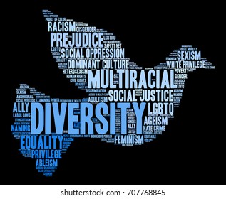 Diversity word cloud on a black background. 