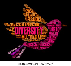 Diversity word cloud on a black background. 