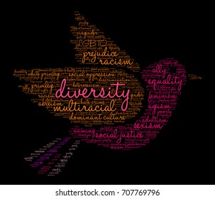 Diversity word cloud on a black background. 