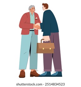 Diversidad en el concepto de lugar de trabajo. Dos empresarios diversos que estrechan la mano en un saludo amistoso. Inclusión y cooperación en los negocios. Ilustración vectorial.