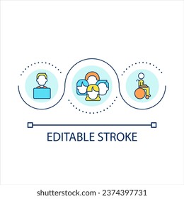 Icono de concepto de diversidad en bucle en el lugar de trabajo. Ambiente de trabajo inclusivo y agradable. Valores de la empresa. Ilustración de línea delgada de idea abstracta de igualdad. Dibujo de contorno aislado. Trazo editable. Tipo de letra arial utilizado