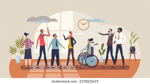 Diversity in workplace as team with different ethnicity, race or gender tiny person concept. Unite business teamwork with disabled employee and different social groups together vector illustration.