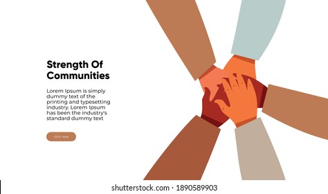 Diversity in the workplace. A team of different people unites. Close-up of young people stack of hands. Diversity equity inclusion Top view.  Flat vector illustration.