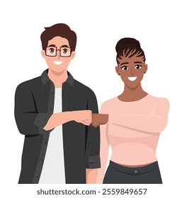 Diversity young couple doing fist bump. Flat Vector character illustration