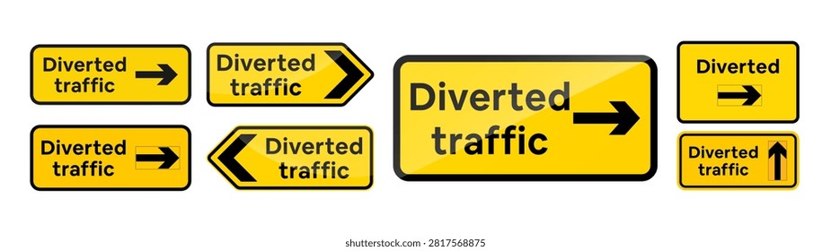 Diverted traffic highway road sign collection template. Road closed, yellow detour direction arrow board, temporary street navigation graphic element collection. Editable vector illustration