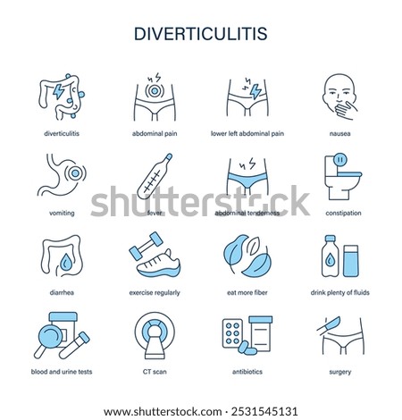 Diverticulitis symptoms, diagnostic and treatment vector icon set. Medical icons.
