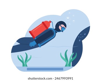 Dives with tube equipment, goggles, scuba diving hobby. Character design. Vector flat illustration