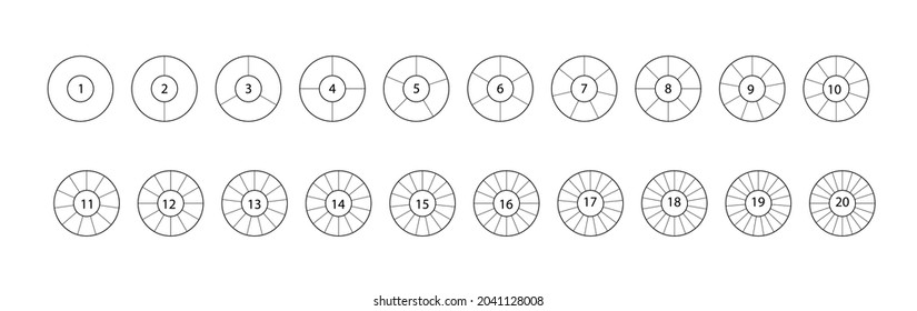 Divide circle. Segmented circles set isolated on a white background. Black segment element. Vector round 20 section.