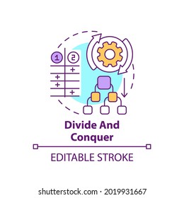 Konzeptsymbol teilen und erobern. Aufgabenmanagement. Entscheidungsverfahren. Problemlösungsstrategie Idee dünne Linie Illustration. Vektorgrafik einzeln Umriss RGB Farbzeichnung. Bearbeitbarer Hub