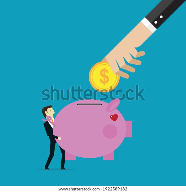 Divide income into staff piggy bank, Vector\
illustration in flat\
style