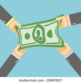 divide the money. businessman Hand pulled dollars.