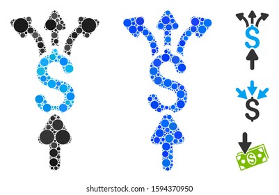 Divide payments composition of round dots in variable sizes and shades, based on divide payments icon. Vector round elements are grouped into blue collage.