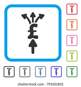 Divide Pound Payments icon. Flat gray iconic symbol inside a light blue rounded frame. Black, gray, green, blue, red, orange color additional versions of Divide Pound Payments vector.