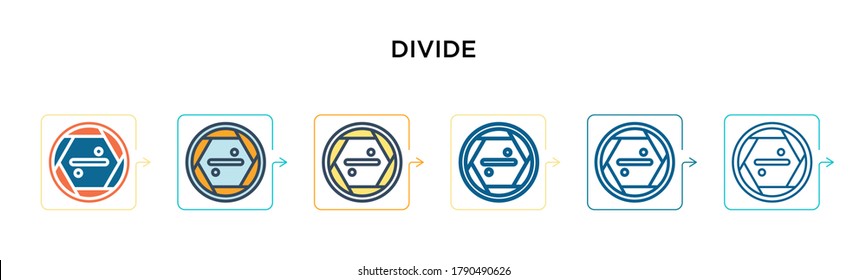 Divide sign vector icon in 6 different modern styles. Black, two colored divide sign icons designed in filled, outline, line and stroke style. Vector illustration can be used for web, mobile, ui